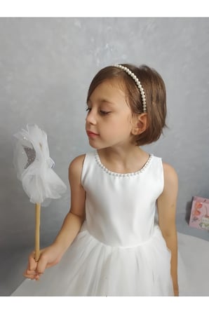 Kız Çocuk Ada Model Abiye Beyaz Yaka İncili Elbise