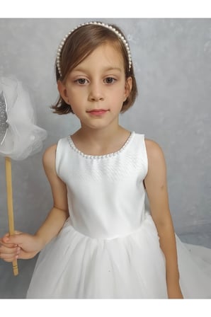 Kız Çocuk Ada Model Abiye Beyaz Yaka İncili Elbise