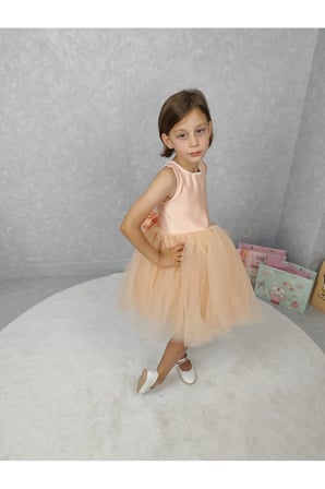 Kız Çocuk Ada Model Abiye Somon Yaka İncili Elbise