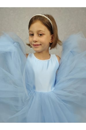 Kız Çocuk Ada Model Abiye Bebe Mavi Yaka İncili Elbise