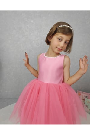 Kız Çocuk Ada Model Abiye Pembe Yaka İncili Elbise