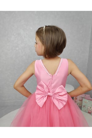 Kız Çocuk Ada Model Abiye Pembe Yaka İncili Elbise