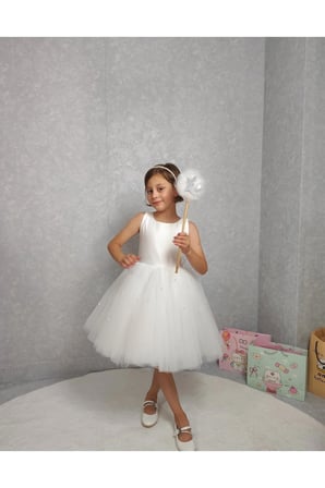 Kız Çocuk Ada Model Abiye Beyaz Etek İncili Elbise