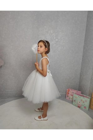 Kız Çocuk Ada Model Abiye Beyaz Etek İncili Elbise