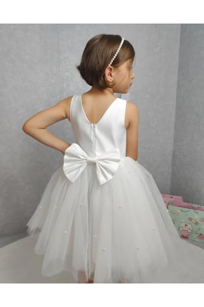 Kız Çocuk Ada Model Abiye Beyaz Etek İncili Elbise