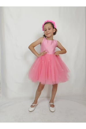Kız Çocuk Ada Model Abiye Pembe Etek İncili Elbise