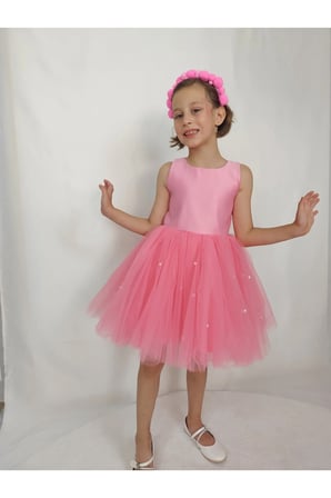 Kız Çocuk Ada Model Abiye Pembe Etek İncili Elbise
