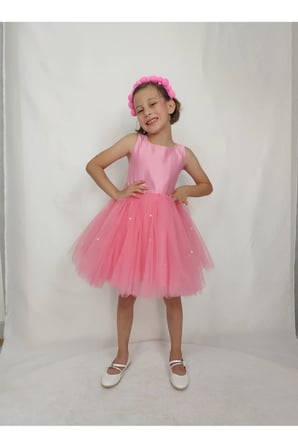 Kız Çocuk Ada Model Abiye Pembe Etek İncili Elbise
