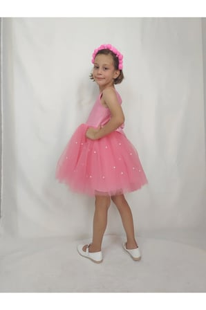 Kız Çocuk Ada Model Abiye Pembe Etek İncili Elbise