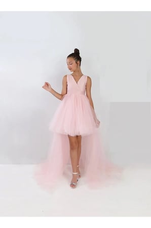Kız Çocuk Pudra Pembe Ön Kısa Arka Uzun Anvelop Elbise Mezuniyet Parti Balo Doğum Günü Elbise