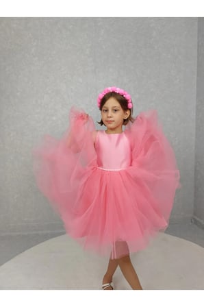Kız Çocuk Ada Model Abiye Pembe Bel İncili Elbise