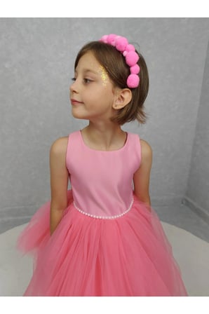 Kız Çocuk Ada Model Abiye Pembe Bel İncili Elbise