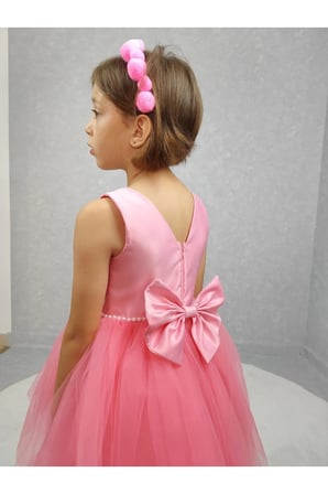 Kız Çocuk Ada Model Abiye Pembe Bel İncili Elbise