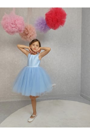 Kız Çocuk Ada Model Abiye Bebe Mavi Bel İncili Elbise