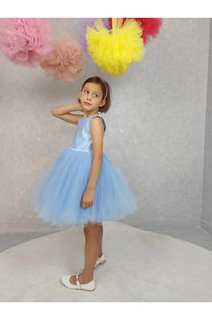 Kız Çocuk Ada Model Abiye Bebe Mavi Bel İncili Elbise