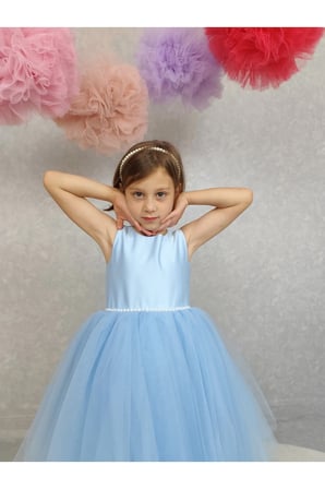Kız Çocuk Ada Model Abiye Bebe Mavi Bel İncili Elbise