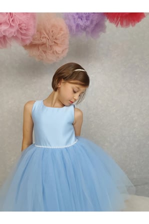 Kız Çocuk Ada Model Abiye Bebe Mavi Bel İncili Elbise