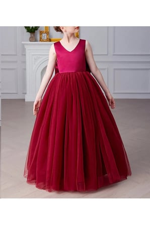 Kız Çocuk  AKASYA Model  Bordo Renk V Yaka Sade Şık Uzun Abiye Mezuniyet Elbise