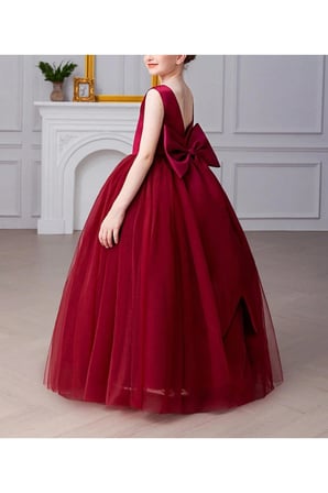 Kız Çocuk  AKASYA Model  Bordo Renk V Yaka Sade Şık Uzun Abiye Mezuniyet Elbise