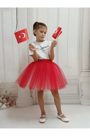 Ada Model Kırmızı / Beyaz Kabarık Tütü Etek 23 Nisan 29 Ekim Gösteri Eteği