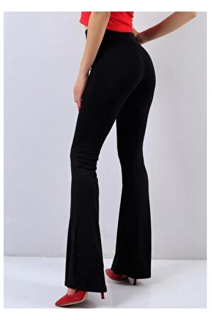 Yüksek Bel Toparlayıcı Çelik Ispanyol Paça Likralı Siyah Tayt