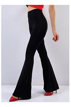 Yüksek Bel Toparlayıcı Çelik Ispanyol Paça Likralı Siyah Tayt