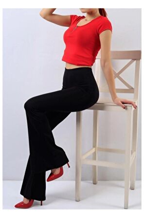 Yüksek Bel Toparlayıcı Çelik Ispanyol Paça Likralı Siyah Tayt