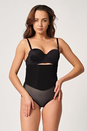 Tül Karyokalı Lazer Slip Korse Siyah