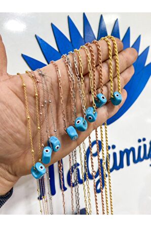 60 cm Uzun Şeyma Zincir Altın Renk Turkuaz Taş Gümüş Kolye