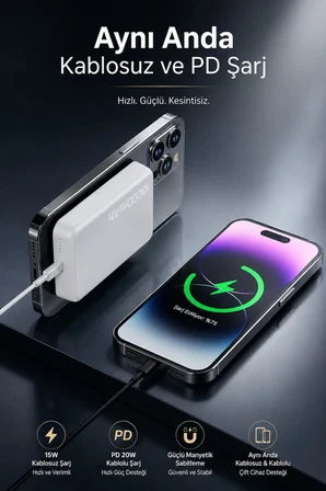 iPhone ile Uyumlu Magsafe Powerbank Kablosuz 15W Hızlı Şarj 20W USB-C Hızlı Şarj Qi