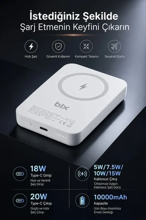 iPhone ile Uyumlu Magsafe Powerbank Kablosuz 15W Hızlı Şarj 20W USB-C Hızlı Şarj Qi