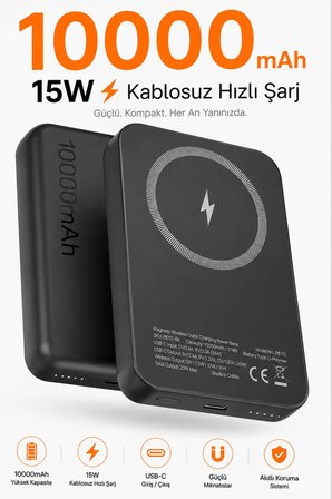 iPhone ile Uyumlu Magsafe Powerbank Kablosuz 15W Hızlı Şarj 20W USB-C Hızlı Şarj Qi
