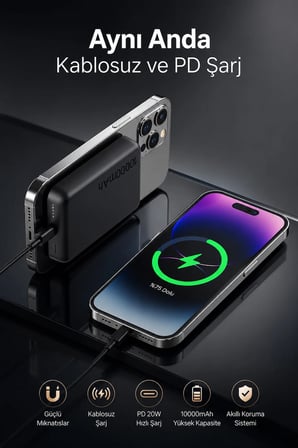 iPhone ile Uyumlu Magsafe Powerbank Kablosuz 15W Hızlı Şarj 20W USB-C Hızlı Şarj Qi