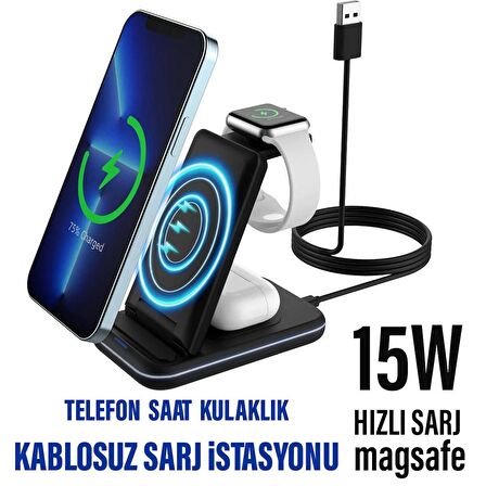 Kablosuz Çoklu Magsafe Şarj İstasyonu 15W Hızlı Telefon Saat Kulaklık Şarj Cihazı