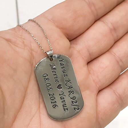 Asker Künye İsim Tarih Kalp Yazılı Gümüş Kolye