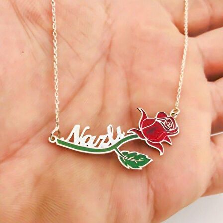 Yeni İsimli Gül Renkli Mineli Gümüş İsim Kolye