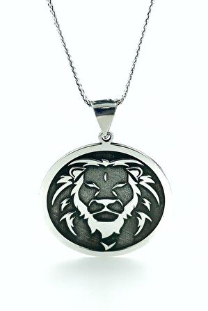 Aslan Başlı Büyük Madalyon 60 cm Uzun Zincirli 925 Gümüş Kolye