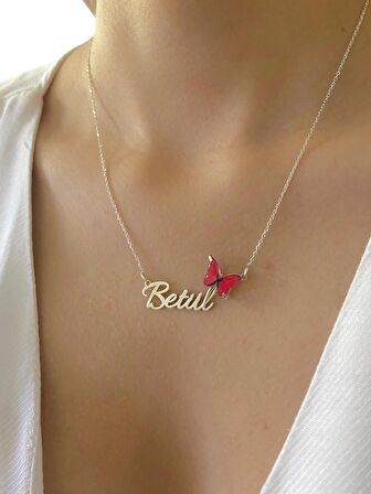 Üç Boyut Kırmızı Kelebek İsim Yazılı Özel 925 Gümüş Kolye