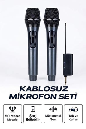 Profesyonel Çiftli Kablosuz Mikrofon Seti Karaoke Şarj Edilebilir 50 Metre