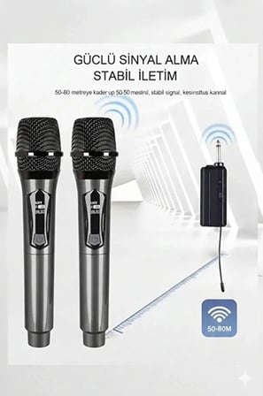 Profesyonel Çiftli Kablosuz Mikrofon Seti Karaoke Şarj Edilebilir 50 Metre