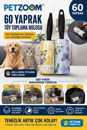 60 Yaprak Tüy Toplama Rulosu Kedi Köpek Tüy Toplayıcı Ev Koltuk Araç Ofis Temizlik Rulosu