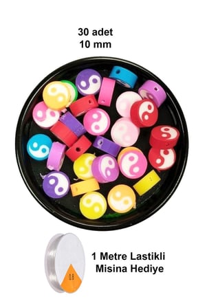 30 Adet 10 Mm Polimer Kil Fimo Boncuk Takı Bileklik + 1 Metre Lastikli Misina Hediye - Renkli Yin Ya