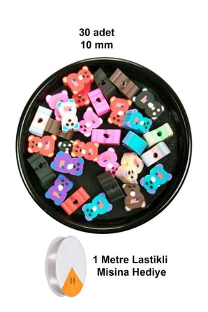 30 Adet 10 Mm Polimer Kil Fimo Boncuk Takı Bileklik + 1 Metre Lastikli Misina Hediye - Renkli Ayıcık