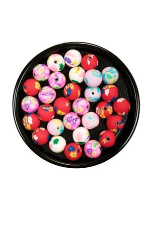 30 Adet 10 Mm Polimer Kil Fimo Boncuk Takı Bileklik + 1 Metre Lastikli Misina Hediye - Desenli Yuvar