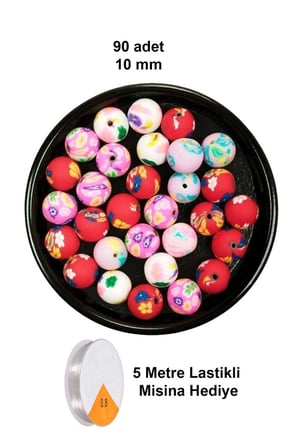 90 Adet 10 Mm Polimer Kil Fimo Boncuk Takı Bileklik + 5 Metre Lastikli Misina Hediye - Desenli Yuvar