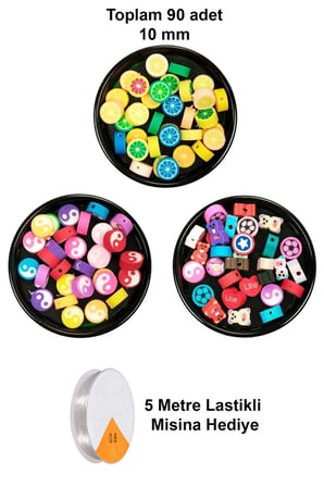 90 Adet 10 Mm Polimer Kil Fimo Boncuk Takı Bileklik + 5 Metre Misina Hediye - Yin Yang - Karışık - L