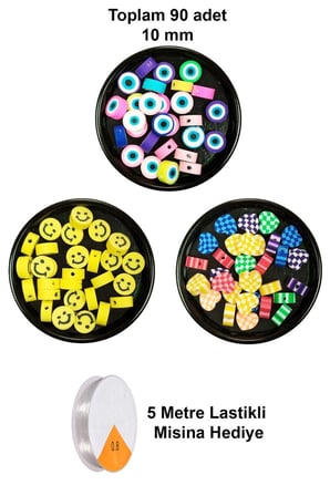 90 Adet 10 Mm Polimer Kil Fimo Boncuk Takı Bileklik + 5 Metre Misina Hediye - Smile - Kalp - Nazar