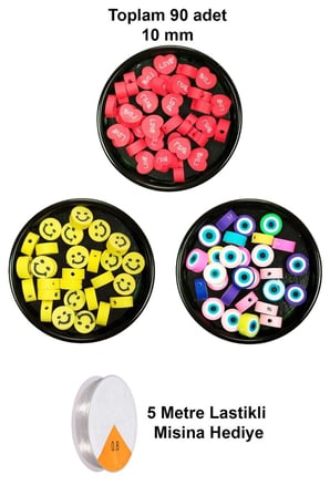 90 Adet 10 Mm Polimer Kil Fimo Boncuk Takı Bileklik + 5 Metre Misina Hediye - Smile - Nazar - Love