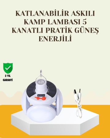 Güneş Paneliyle Şarj Olan Katlanabilir LED Çadır Lambası – 5 Kademeli Aydınlatma