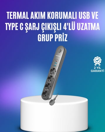 4 Lü Çoklu Priz 2 Usb Type-c Girişli Akım Korumalı Siyah Diğer